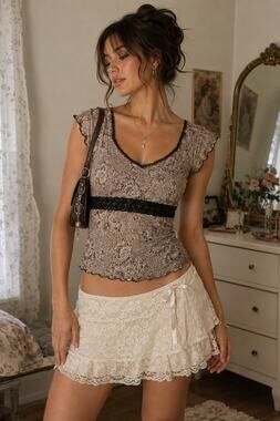 Y2K Floral Mesh Lace Trim Top Fairycore Coquette Romantic Made USA Size M
